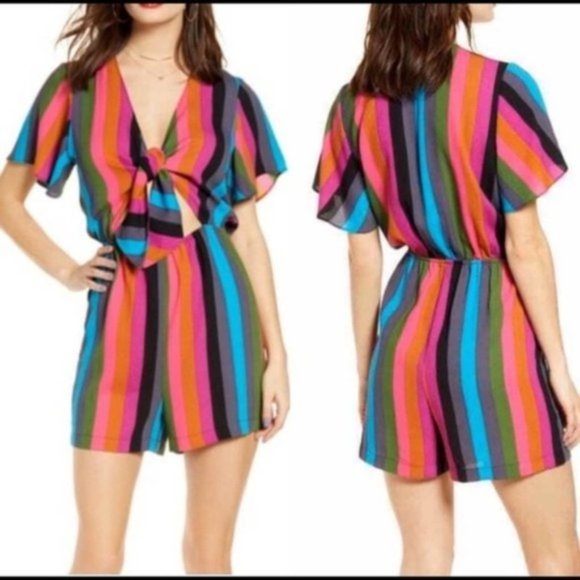 Leith Multi Stripe Tie Front Summer Romper - Picture 5 of 5